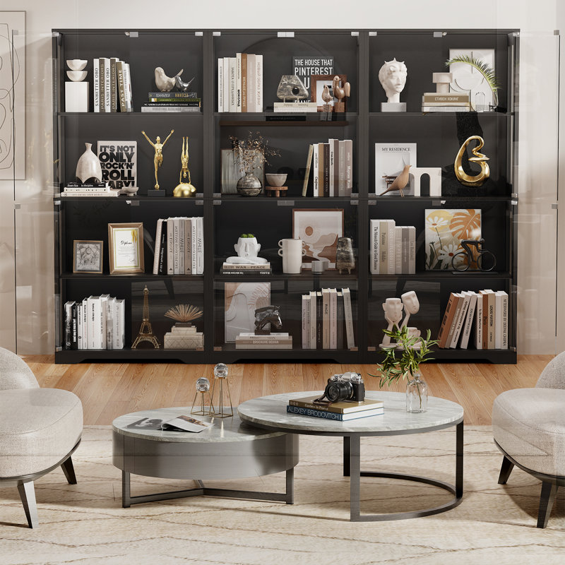 Glass Display Cabinet Curio Cabinet Bookcase with 3 Color LED Lights Black